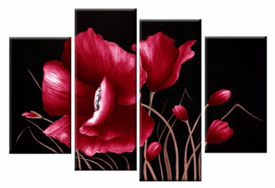 Hand painted modern home decor Beautiful red Flowers oil painting black  background 4 Panels canvas Wall Art|painting black background|hand  paintedoil painting - AliExpress