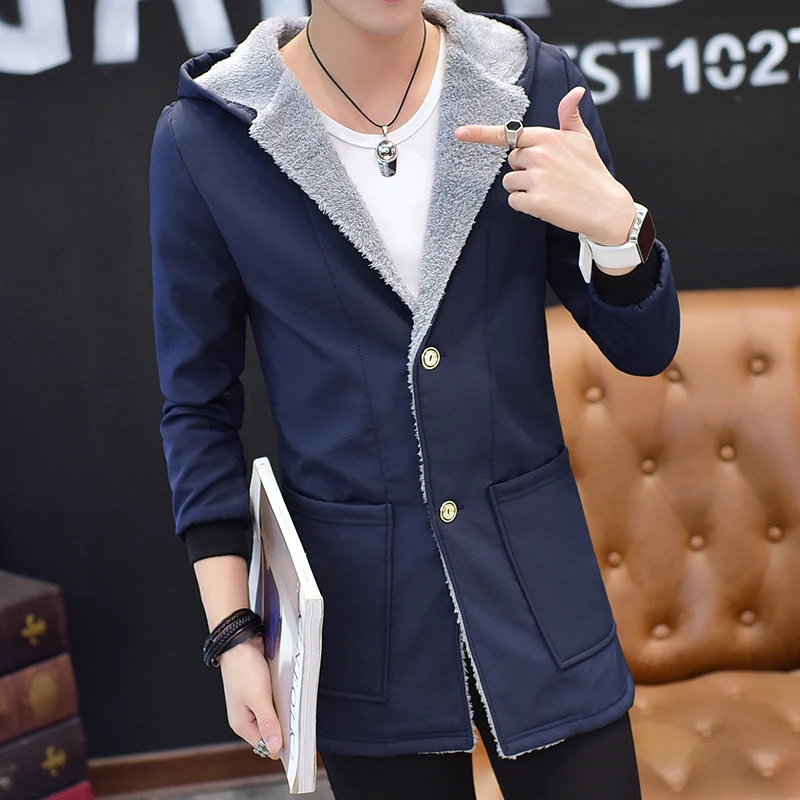 

5XL men's solid color hooded windbreaker jacket, long section Slim large size jacket winter plus velvet thick warm jacket male