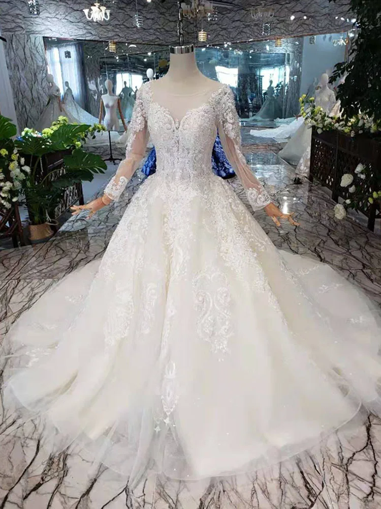 Зеленое свадебное платье трапециевидной формы с длинным рукавом Robe de mariee великолепные мусульманские свадебные платья кружевная бисерная аппликация платья - Цвет: Слоновая кость