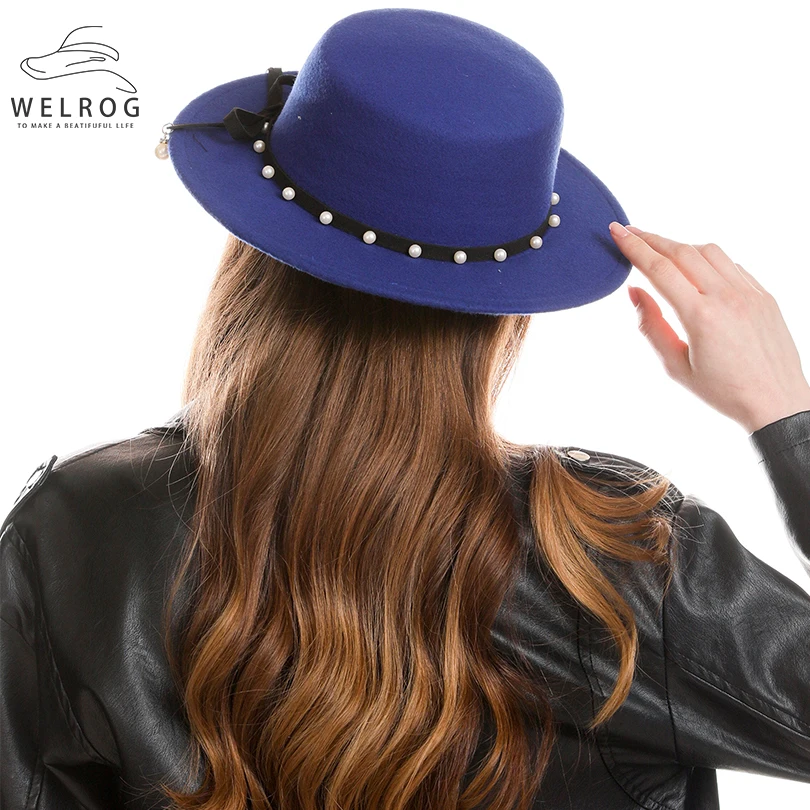 

WELROG Women Winter Wide Brim Faux Wool Felt Jazz Fedora Hats Panama Style Ladies Fedoras Hats Fashion Autumn Pearls Cowboy Cap
