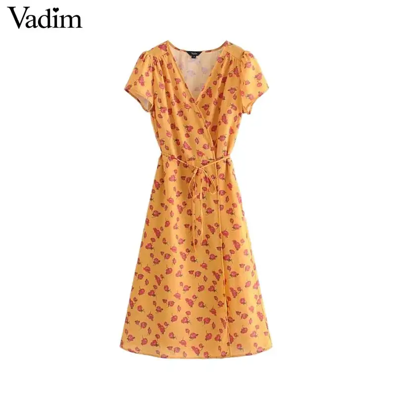 

Vadim women vintage floral print wrap dress V neck bow tie sashes short sleeve female beach style midi dresses vestidos QB696