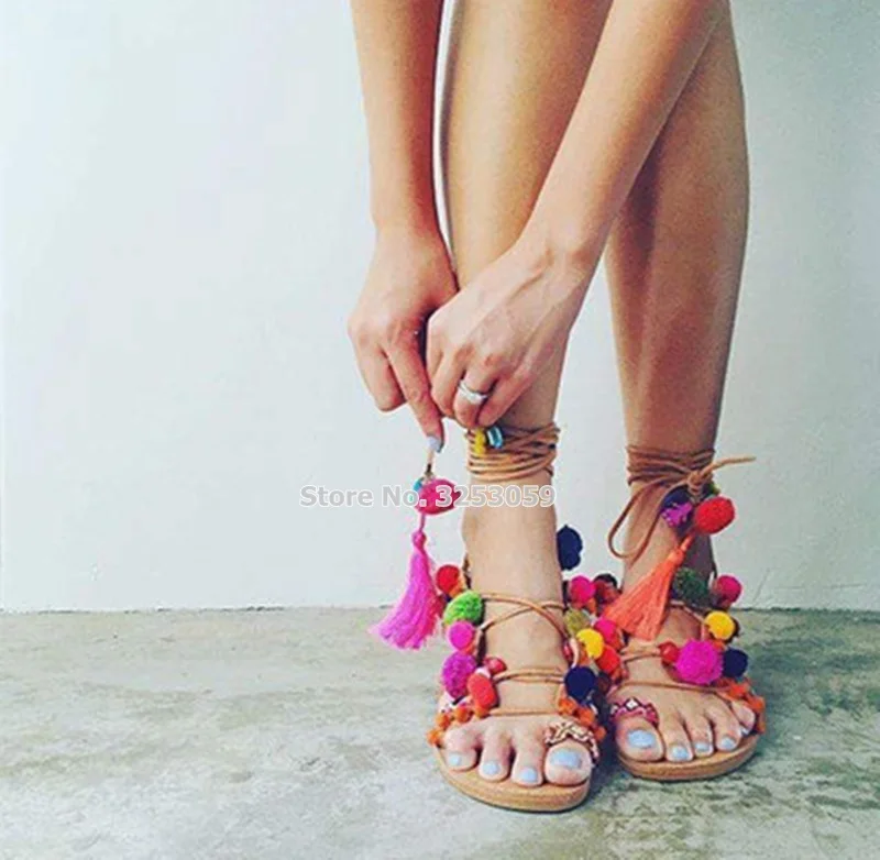 ALMUDENA Bohemian Style Multi color Pom Pom Flat Sandals Lace up Fringe Colorful Ball Beach Dress Shoes Flip Flops Tassel Sandal