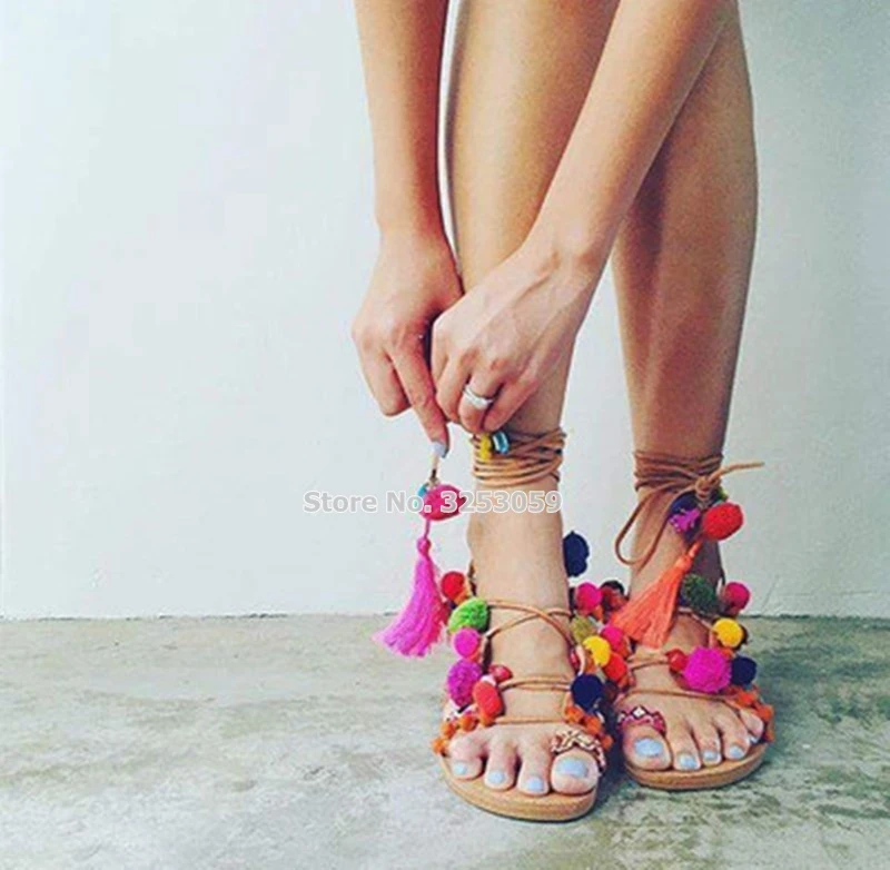 ALMUDENA Bohemian Style Multi-color Pom Pom Flat Sandals Lace-up Colorful Ball Beach Dress Shoes Flip Flops Tassel Sandal - AliExpress Shoes