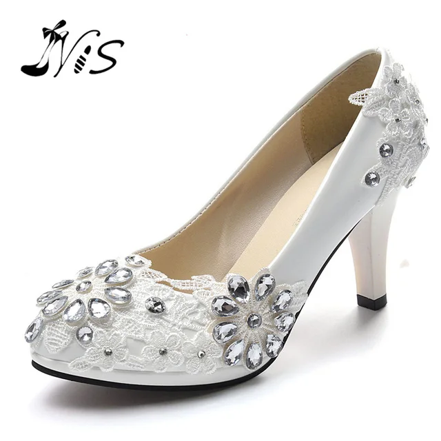Bridesmaid Bridal Pumps Rhinestone Wedding Shoes Office Lace Bridesmaid Bridal Pumps Rhinestone Wedding Shoes Office Lace Slip On White Women Size