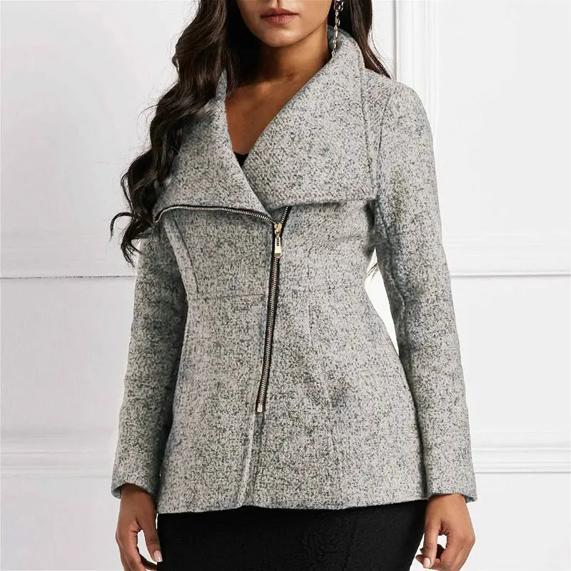 Winter Gray OL Ladies Casual Wool Warm Jackets Women Coats Slim Lapel Zipper Pocket Autumn African Female High Street Overcoats