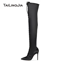 Pointed Toe Lace Up Black Satin Over The Knee High Boots Women High Heel Thigh High Boots Ladies Heeled Winter Shoes Big Size цена Pointed Toe Lace Up Black Satin Over The Knee High Boots Women High Heel Thigh High Boots Ladies Heeled Winter Shoes Big Size цены онлайн