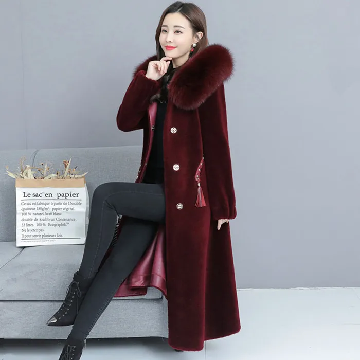 M-4XL, Новое Женское пальто из стриженой овцы, зима, модная куртка с капюшоном и воротником из лисьего меха, утолщенная верхняя одежда для женщин - Цвет: Бургундия