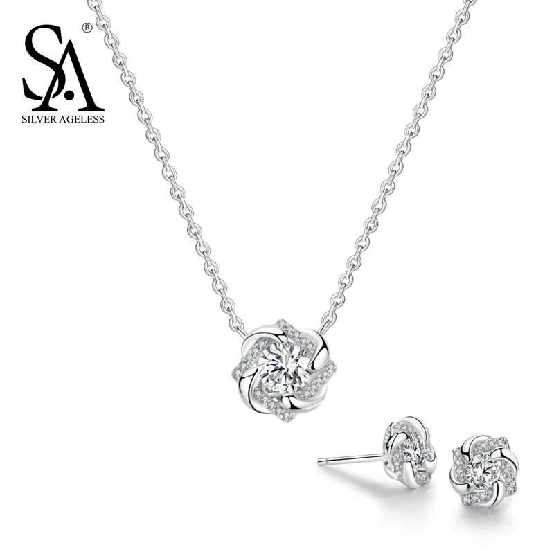 

SILVER AGELESS 925 Sterling Silver Flower Stud Earrings Necklaces Jewelry Sets 925 Silver AAA Zirconia Earrings Necklaces Sets