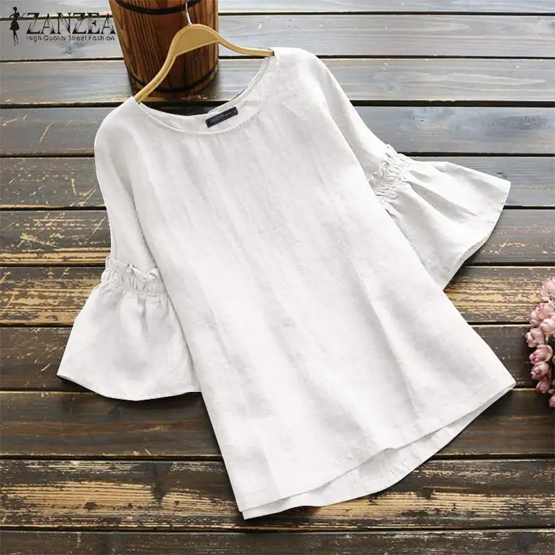 

2019 Elegant Ruffle Sleeve Tops Women's Summer Blouse ZANZEA Vintage Casual Linen Tunic Female O Neck Blusas Mujer Shirts S-5XL