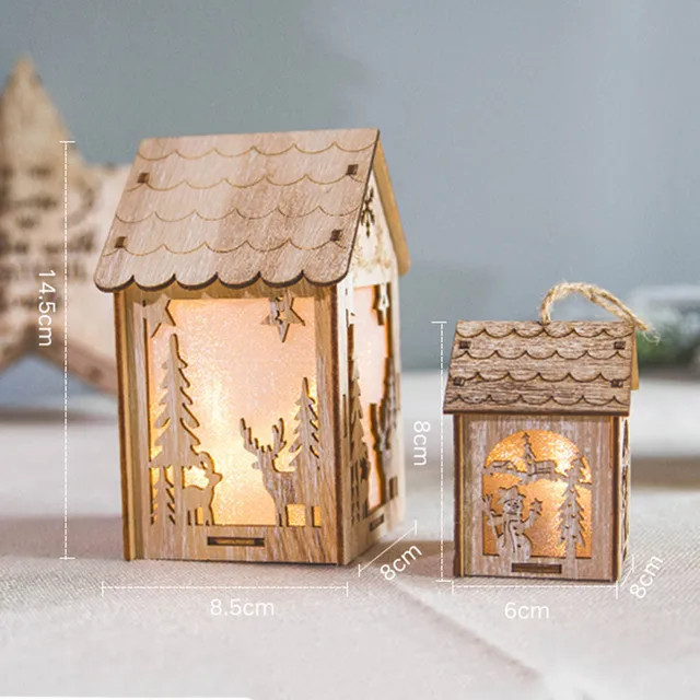 Christmas Tree Ornaments with LED Lights Wood House Pendant for Home Luminous Cabins Gift Wall Hanging Christmas Decor 5