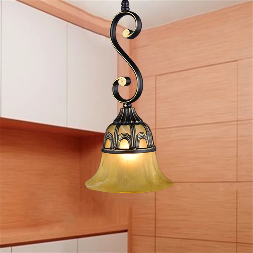 European style Retro iron single head pendant light with glass shade