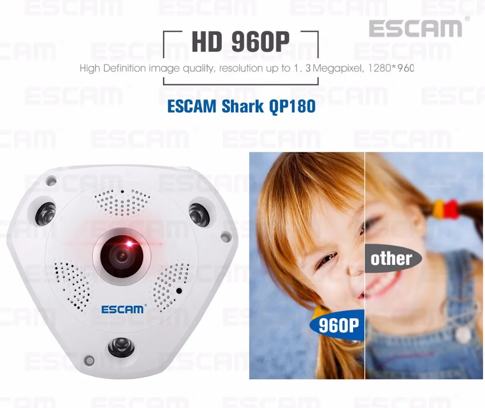 ESCAM рыбий глаз камера поддержка VR Box QP180 Shark 960P IP WiFi камера 1.3MP 360 градусов панорамная инфракрасная камера ночного видения