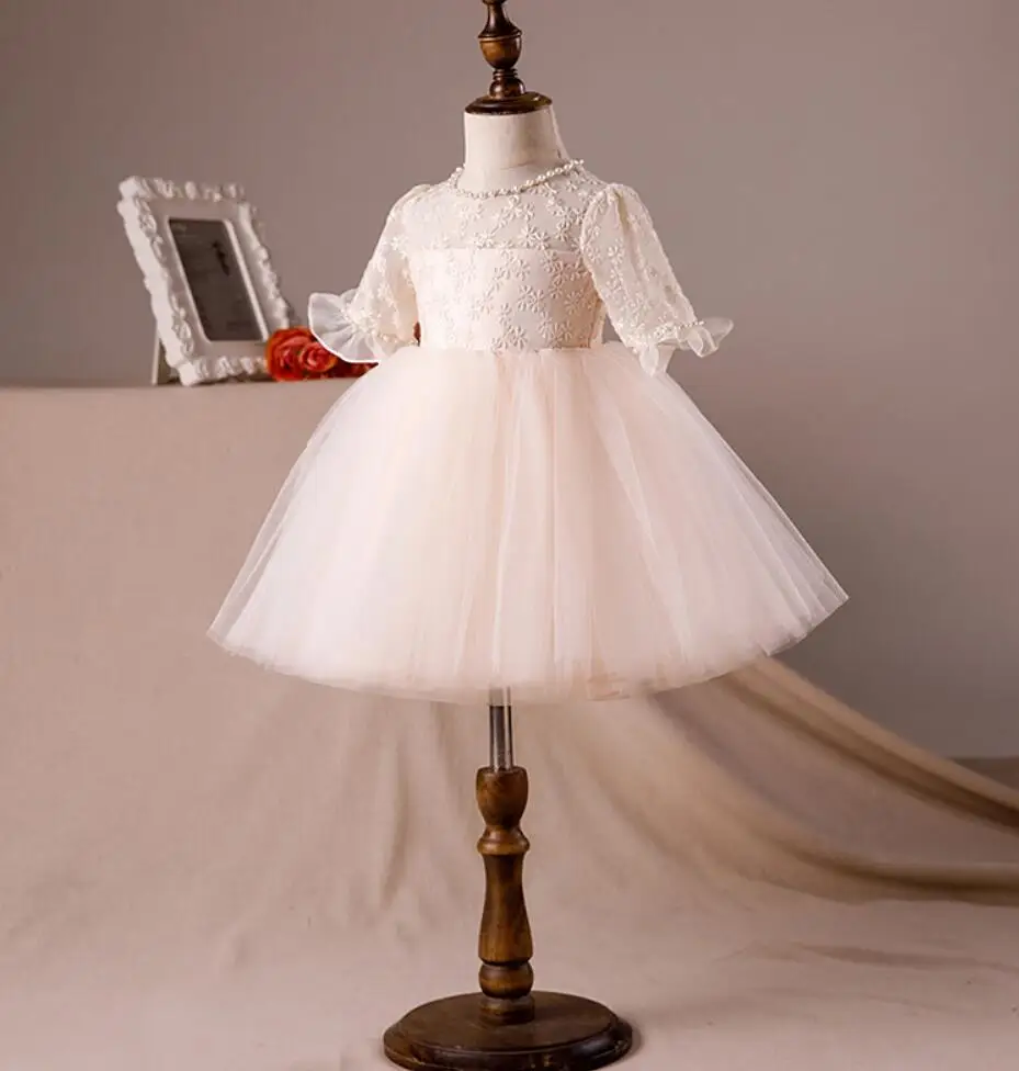 Розовый тюль девочка Бисер для платья Кружева крестины платье для крещения новорожденных 1 st день рождения Принцесса младенческой свадьбы костюм