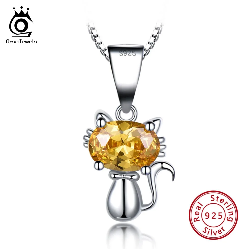 

ORSA JEWELS 100% 925 Sterling Silver Necklaces For Women Simulate Citrine Cute Cat Shape Female Pendant Female Jewelry VSN04