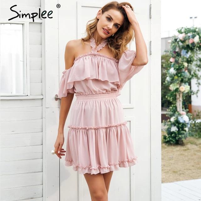 Simplee Halter off shoulder summer dress women Ruffle backless high ...