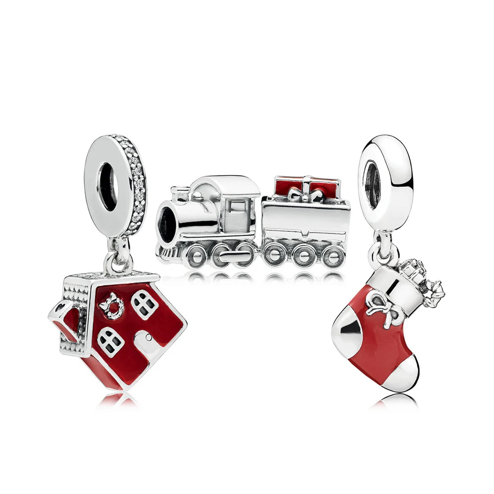 

NEW 100% 925 Sterling Silver New 1:1 RAU0553 Festive Christmas Train House Charm Pack set Original Jewelry Gifts Recommended