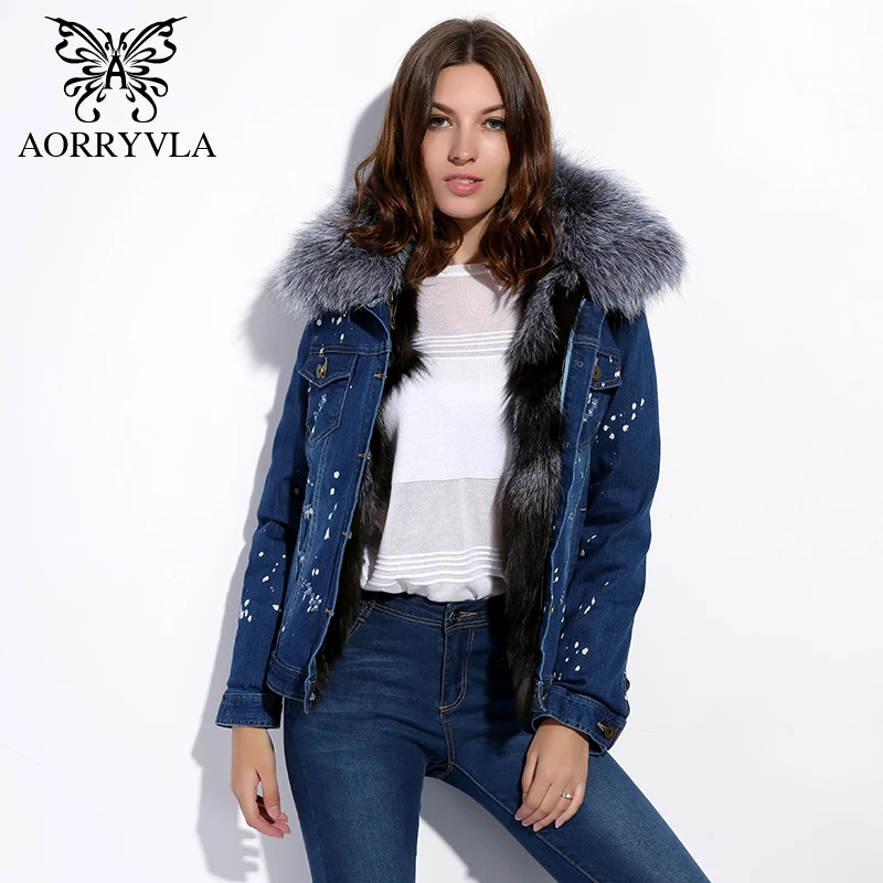 AORRYVLA 2017 женская меховая зимняя джинсовые куртка большой енота меховой воротник