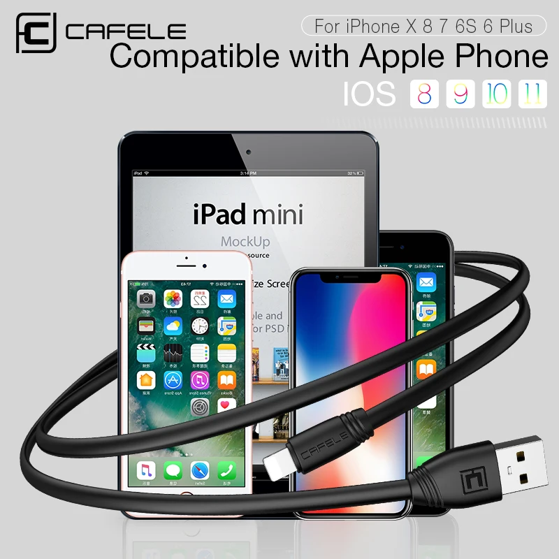 Плоский usb кабель CAFELE для зарядки iphone X 8 7 6S 6 Plus 5S синхронизации данных IOS 11 10 9