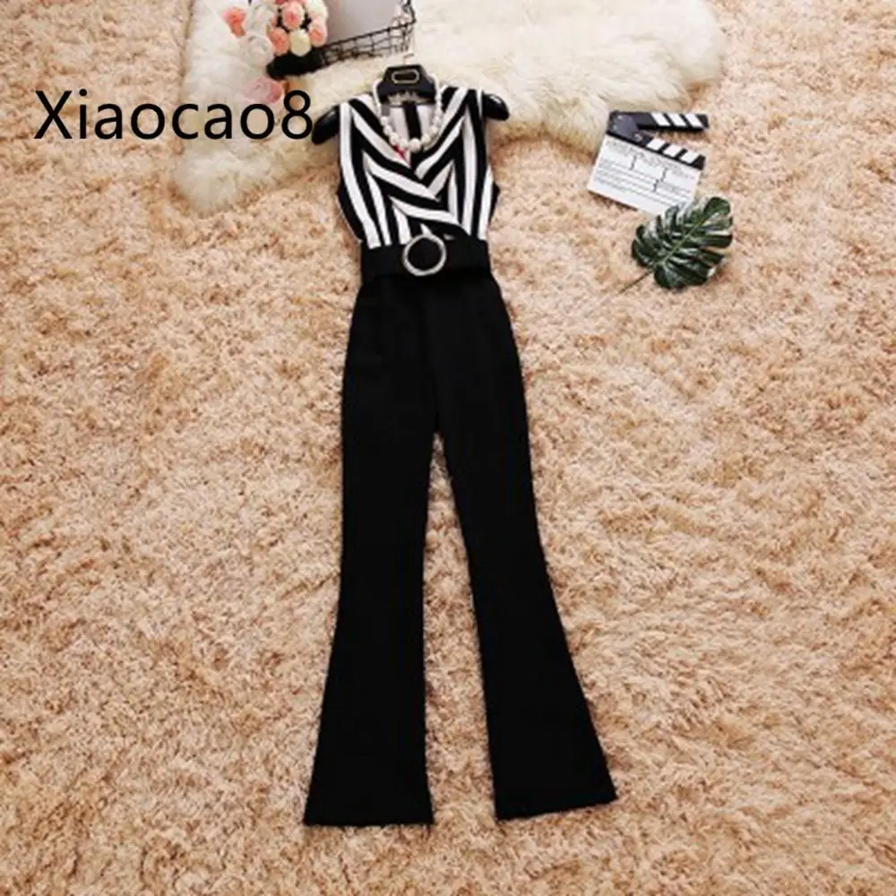 

Summer Women's Sleeveless Clothing Striped Suit Collar Rompers Womens Jumpsuit Wide Leg Casual Pants Elegant Trousers Female