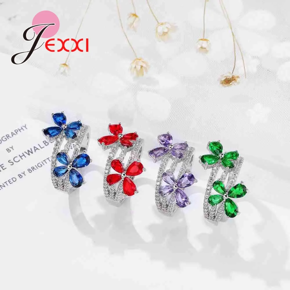JEXXI Bohemia Double Flower Crystal Hollow Romantic Personality 925 Silver Finger Ring Women Wedding Anniversary Gift