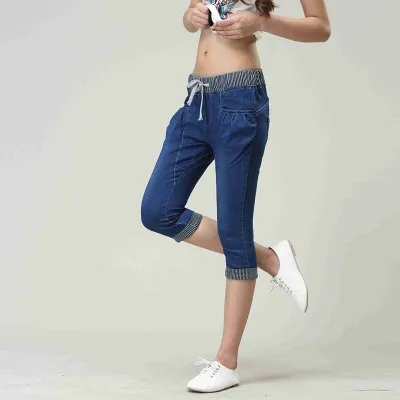 Горячая Распродажа! Летние повседневные джинсовые брюки с эластичной резинкой на талии для женщин джинсовые Капри свободные шаровары женские джинсовые брюки прямого покроя для женщин - Цвет: dark blue