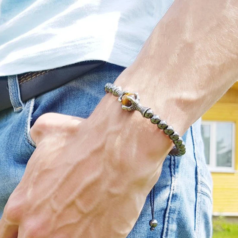 Kaufen Natürliche Stein Armband Männer 6mm Hämatit Perle mit Adler Geflochtenen Seil Einstellbar Mens Armbänder 2019 Homme Mcllroy Männlichen Schmuck
