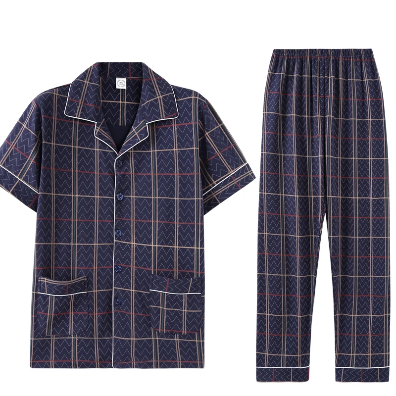 New Summer 100Cotton Men's Short Sleeve Pajamas Set Striped Turn down