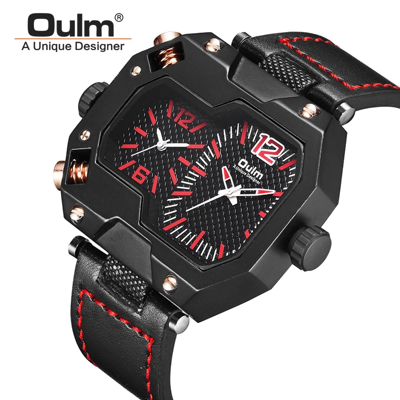 

Top Luxury Brand Oulm Leather Strap Men's Watches Sports Square Men Quartz Watch Clock Two Time Zone Military Male Watches