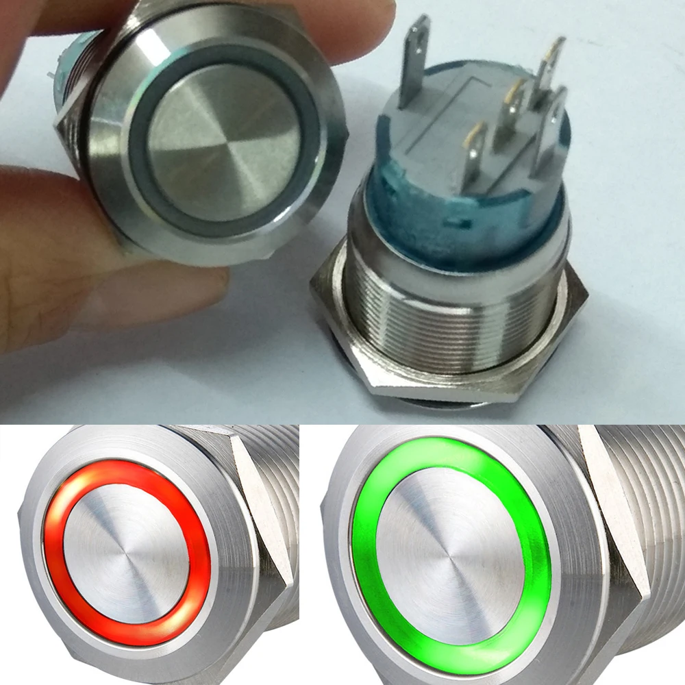 

RED/GREEN Double color AC 250V 19mm Mounting Thread Flat Waterproof Press Button 1NO 1NC Momentary Metal Push Button Switch
