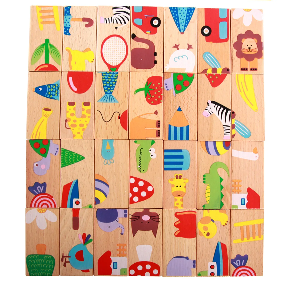 28pcs Animal Puzzle Wooden Domino Blocks Set Board Game For Kids Play