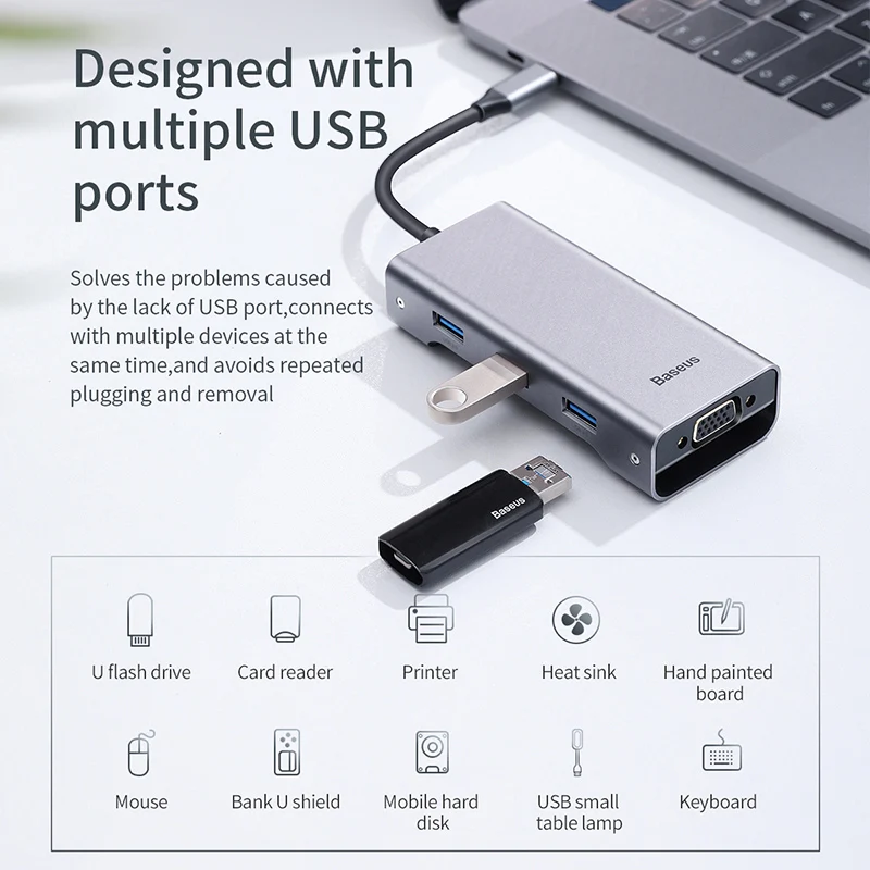 Baseus USB C HUB Type C to HDMI VGA RJ45 USB3.0 HUB Multi USB 3.0 Type-c HUB Power Adapter For Mack