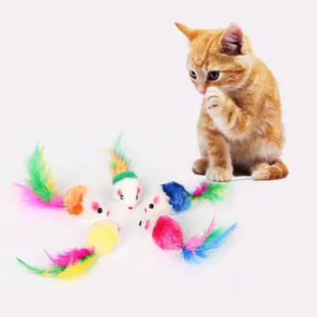 

5pcs/lot Plush Squeaky Mice Cat Dog Pet Toys Soft Fleece Colorful Feather Tail Interactive False Mouse Playing Toys For Cats