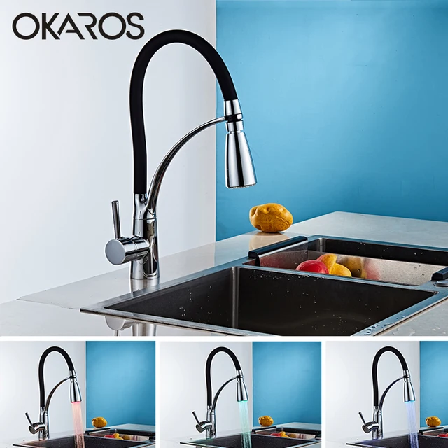 Special Offers OKAROS Kitchen LED Light Sink Faucet Brass Chrome Plated Kitchen Faucets Black Hot Cold Deck Mounted Bath Mixer Tap C043