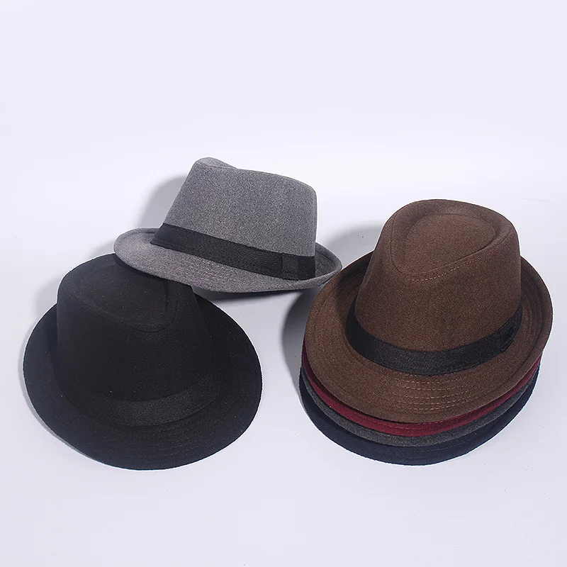 Gray Black Fedora Hat Classical Wide Brim Hat Men Solid Men's Dad Vintage Top Jazz Hat Autumn Winter Bowler Sombrero Felt Cap