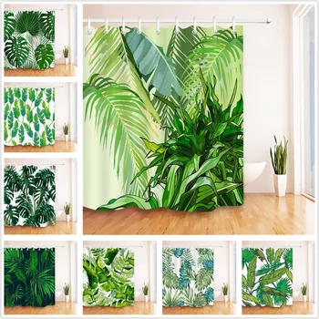 

Green Leaves White Shower Curtain Tropical Jungle Bathroom Nature Waterproof Mildew Resistant Polyester Fabric For Bathtub Decor