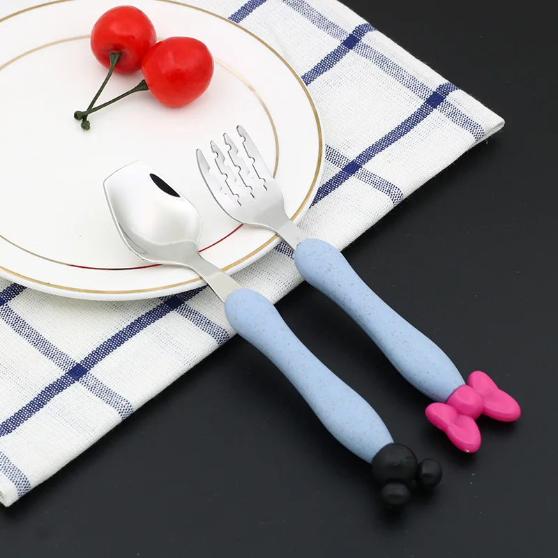Нержавеющая сталь мультфильм Микки Маус вилка Минни дети столовая посуда набор ребенок пшеничная соломенная ручка столовые приборы для детей - Цвет: style 3