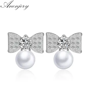 

Anenjery Silver Color Zircon Pearl Bowknot Stud Earrings pendientes oorbellen boucle d'oreille femmes Gift S-E342