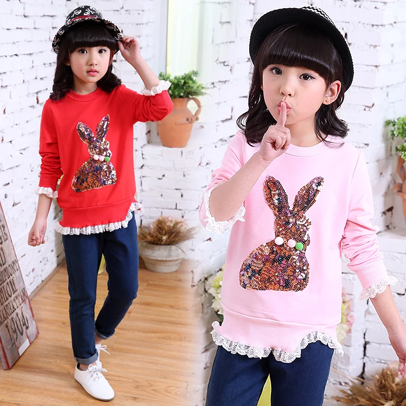 2018 Spring Girls Fashion Cartoon Paillette Princess Long-Sleeved T-Shirt Kids Lace Ruffles Spliced Tops Children's Blouse G447 2018 Spring Girls Fashion Cartoon Paillette Princess Long-Sleeved T-Shirt Kids Lace Ruffles Spliced Tops Children's Blouse G447