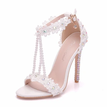 

New Women Sandals White Lace Flowers Pearl Tassel Bridal Super Heel Fine High Heels Slender Bridal Shoes Wedding Shoes XY-A0259