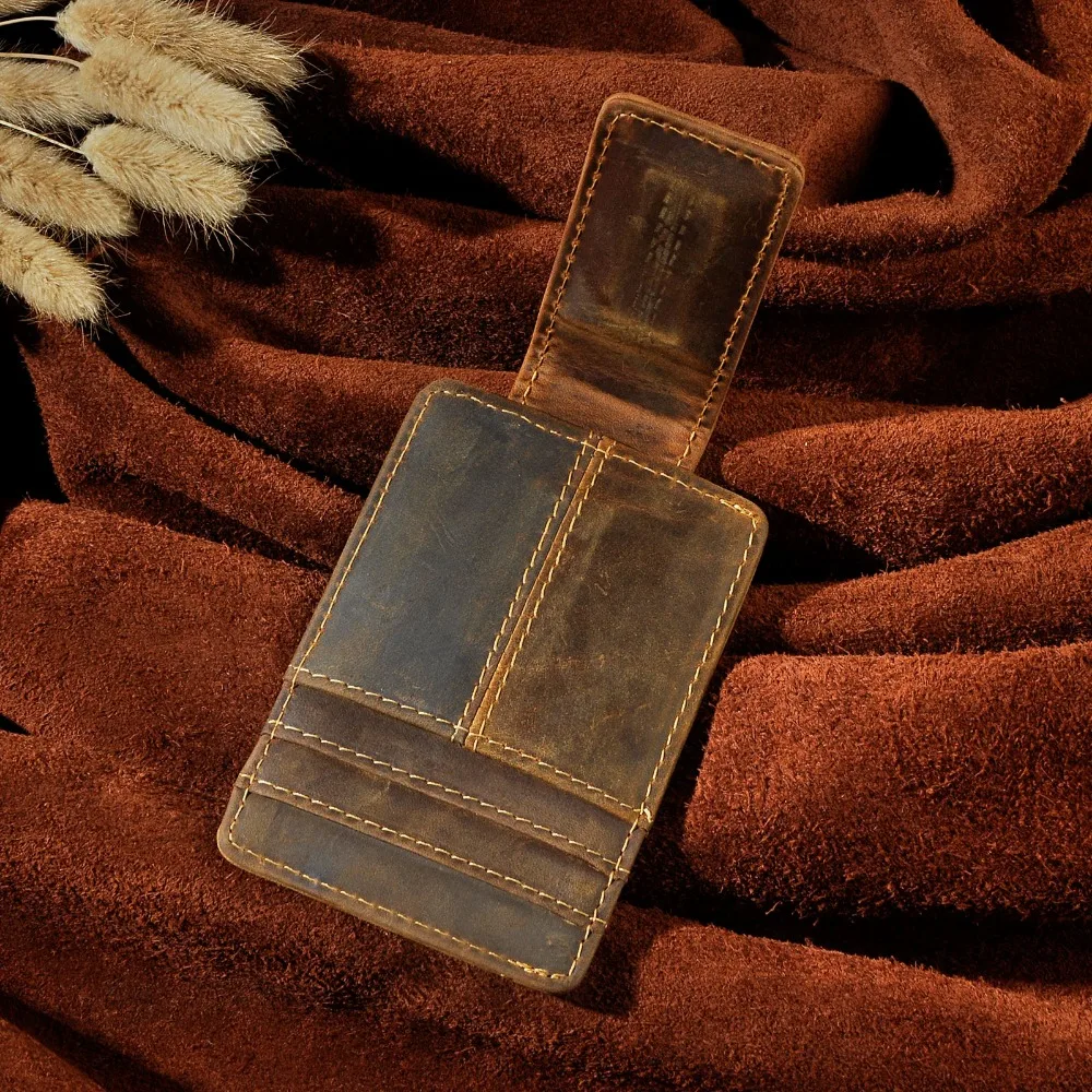 Marshal Money Clip Slim Vintage Leather Wallet for Men Front Pocket RFID Blocking Card Holder with Rare Earth Magnets Brown