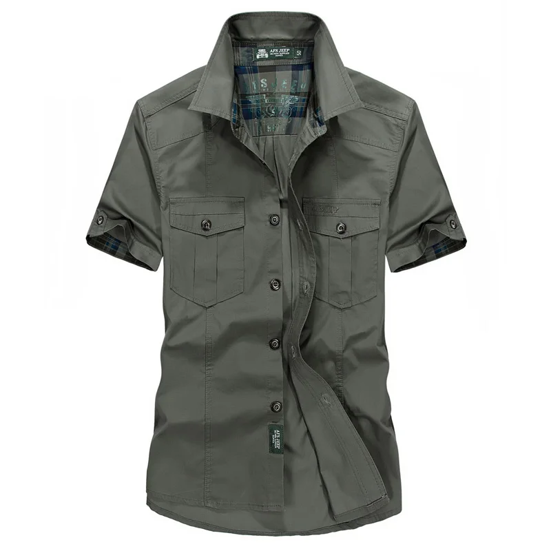 Рубашка в стиле милитари для мужчин хлопок рабочие повседневные короткий рукав свободные армейские карманы воздухопроницаемое платье рубашка мужская - Цвет: Pea green