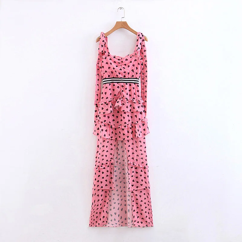 

Sweet Heart Print Cascding Ruffles Striped Patchwork Dress Cute Girls Front Open Long Dresses Casual Streetwear Vestidos