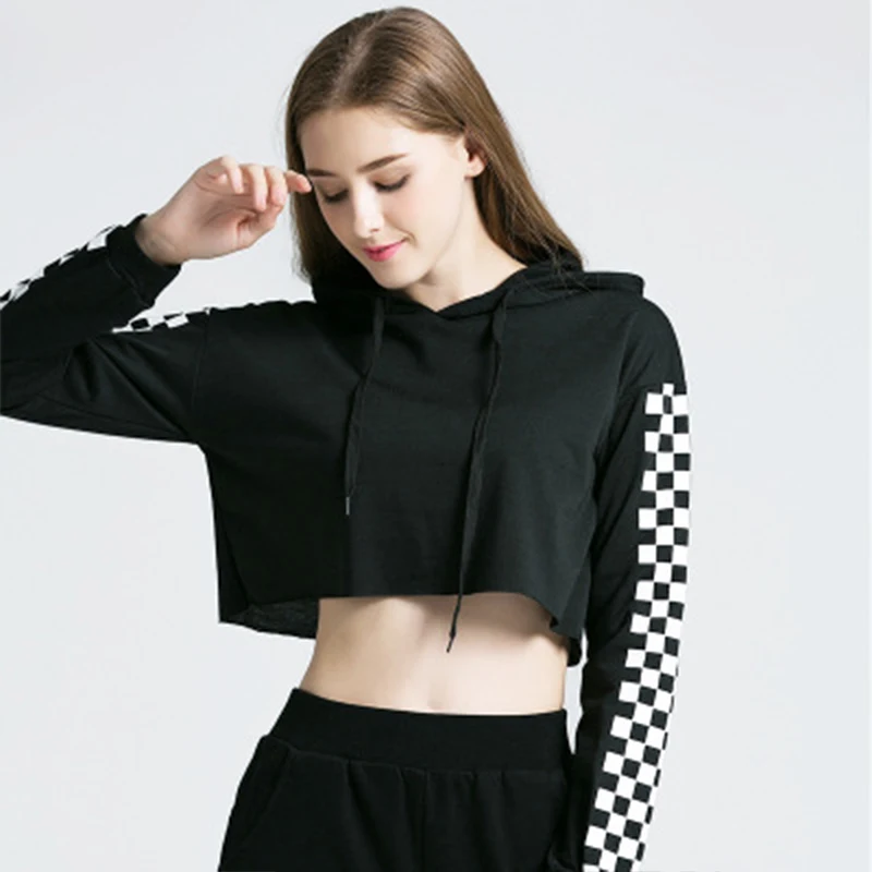 Casual Tops Plaid Long-sleeved Women's Head Stitching Short Paragraph Navel Ladies Slim Hooded Shirt Women 2019 Casual Tops Plaid Long-sleeved Women's Head Stitching Short Paragraph Navel Ladies Slim Hooded Shirt Women 2019