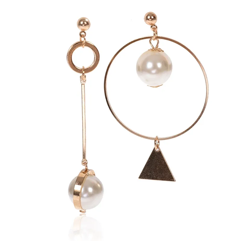 1 Pair Pinksee Asymmetry Imitation Pearls Circle Triangle Charm Long