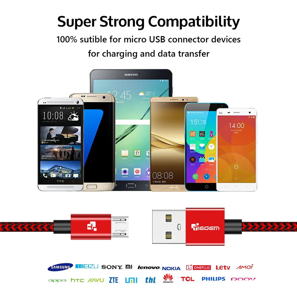 Nylon Micro Cable USB TIEGEM 3A de carga rápida de datos de sincronización USB teléfono móvil Android del cargador del adaptador de Cable para Samsung Sony HTC LG