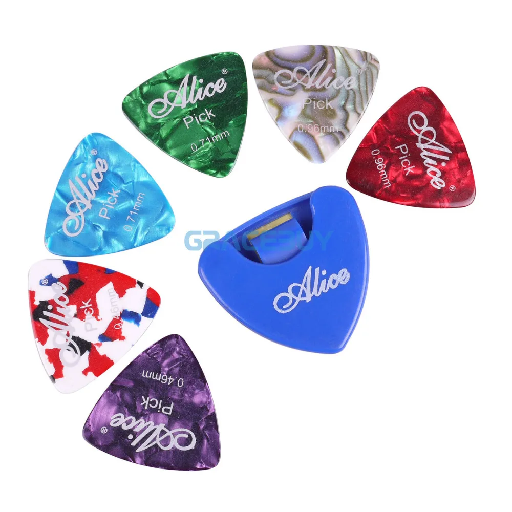 

Alice Celluloid Triangle Guitar Picks And Holder 6 Pcs Guitarpicks Plectrums With 1 Case New