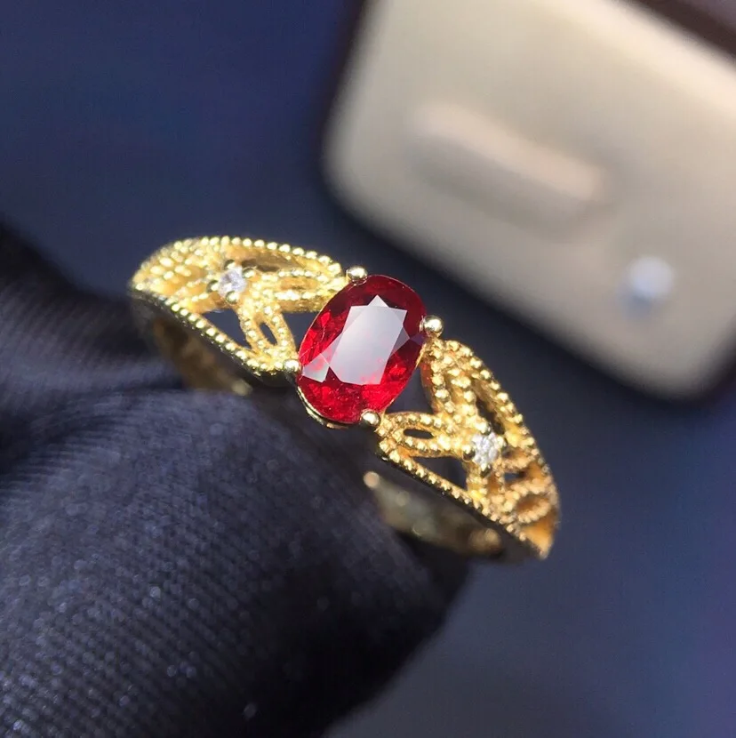 

Fine Jewelry 18K Yellow Gold Real Natural 0.6 Pigeon Blood Red Ruby Diamond Wedding Engagement Female Rings for Women Fine Ring