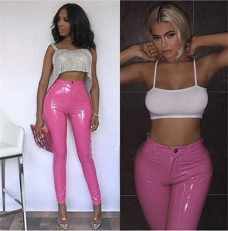 Высокая Улица 3 цвета сплошной кожи Bodycon плоский карандаш модные женские брюки