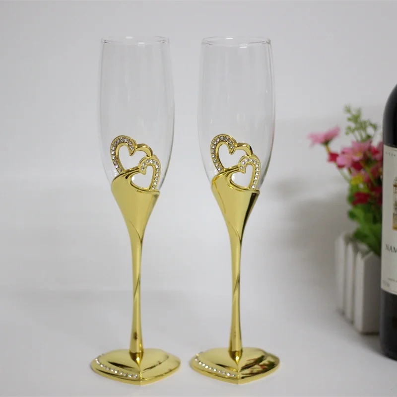 crystal double heart wedding wine glasses gold metal stem champagne