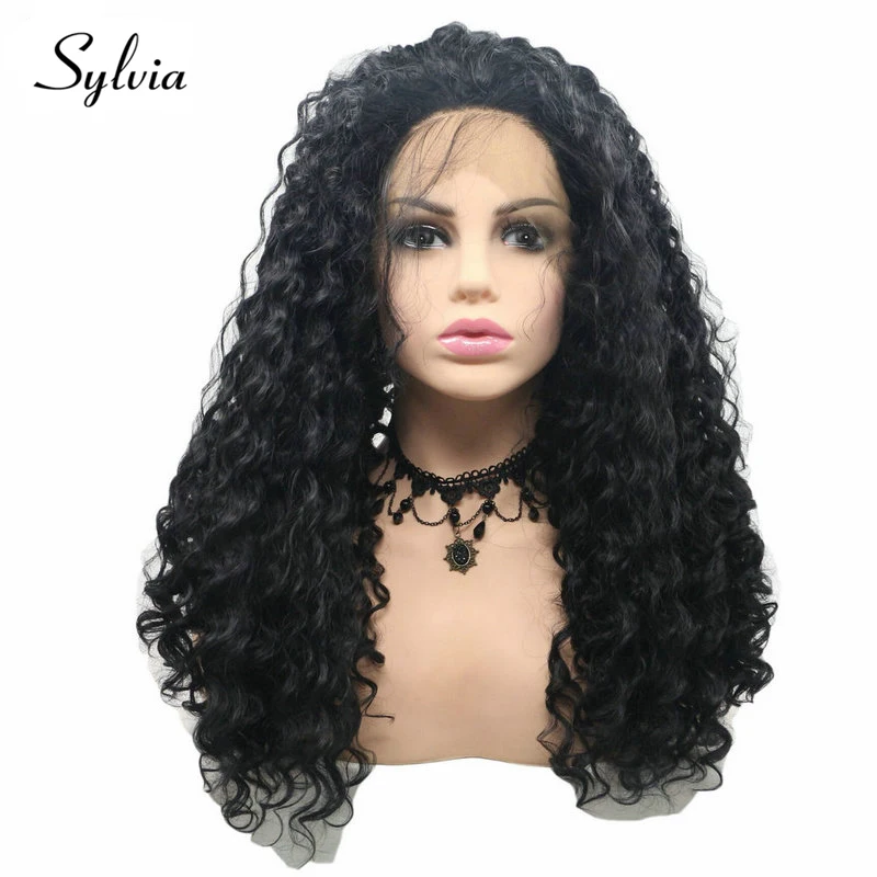 Sylvia 1b # черный глубокая волна синтетический синтетические волосы на кружеве Искусственные парики 180% плотность натуральный черны